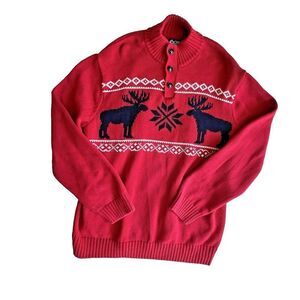 Chaps Men’s Christmas Fair Isle button ugly Sweater Red Black knit  deer Sz L.